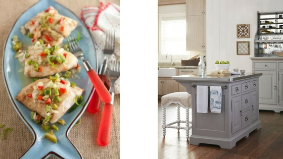 The stainless steel top on this kitchen island is perfect for preparing and serving Paula Deen’s Can’t Miss Red Snapper Recipe.