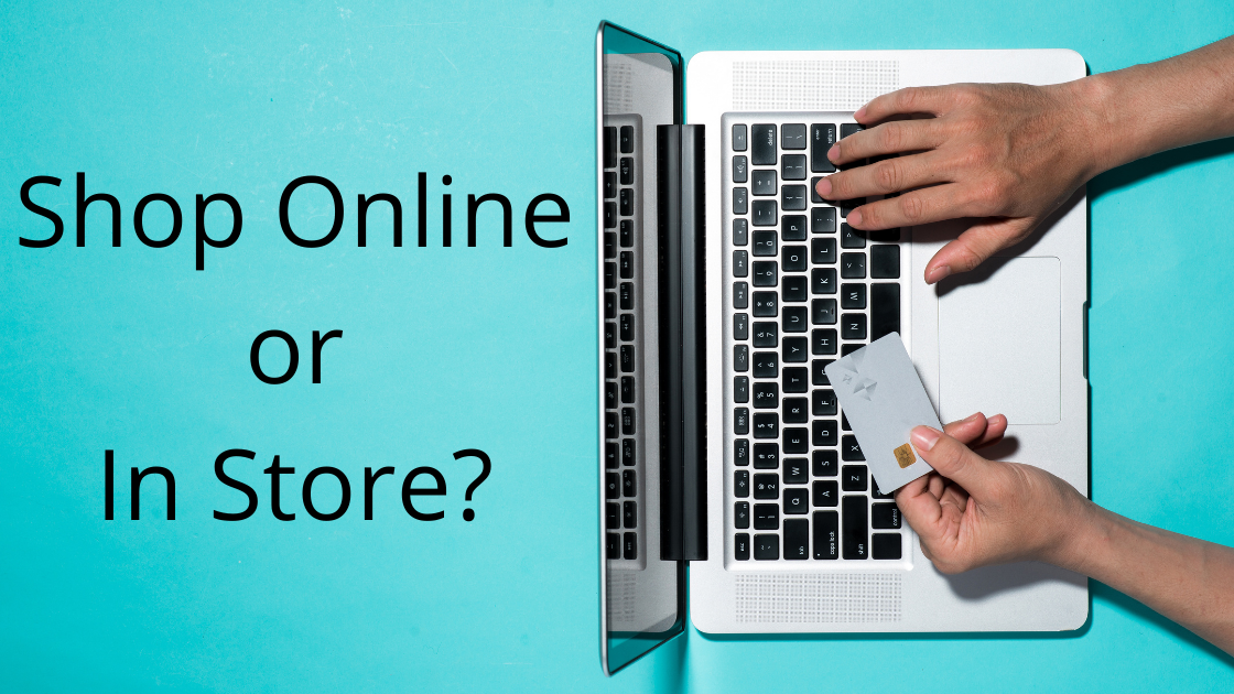 image of person browsing on laptop with text saying shop online or in store
