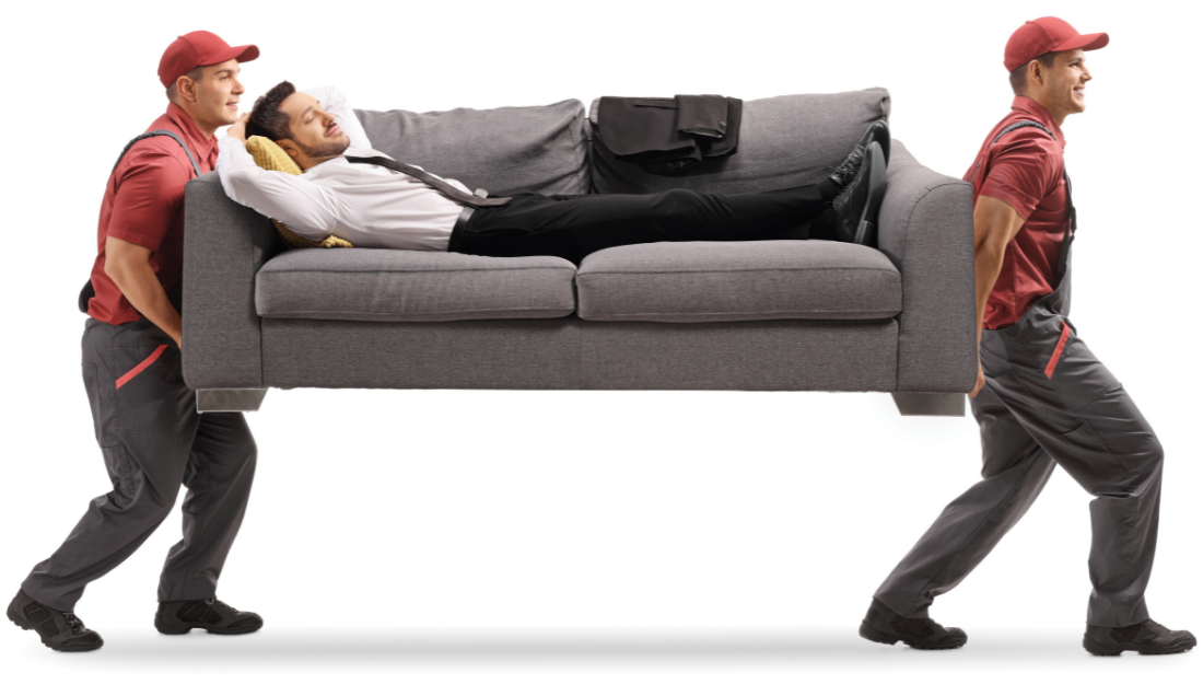 Furniture Delivery or Pickup & What to Expect -(678)255-1000 - Woodstock Furniture & Mattress Outlet movers carrying a sofa while a man reclines on it