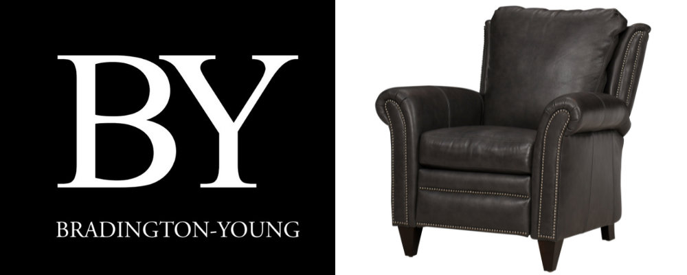 gray leather armchair next to Bradington Young logo