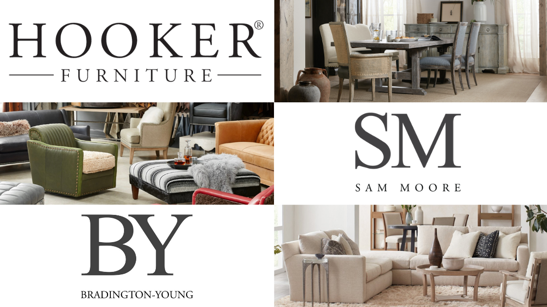 collage of living room and dining room furniture pieces with Hooker Furniture, Sam Moore and Bradington Young logos