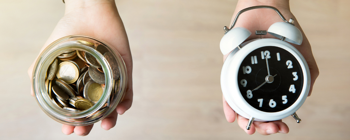 two extended hands, one holding an alarm clock and the other holding a jar of coins, representing time and money