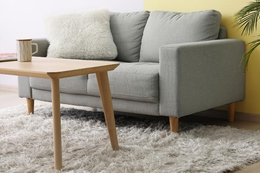 How to Place a Rug in a Living Room, Bedroom, & Dining Room white shag rug underneath blue-gray loveseat showing proper living room rug placement