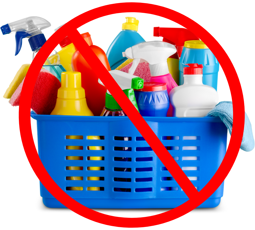 basket full of household cleaners and chemicals with a line through it
