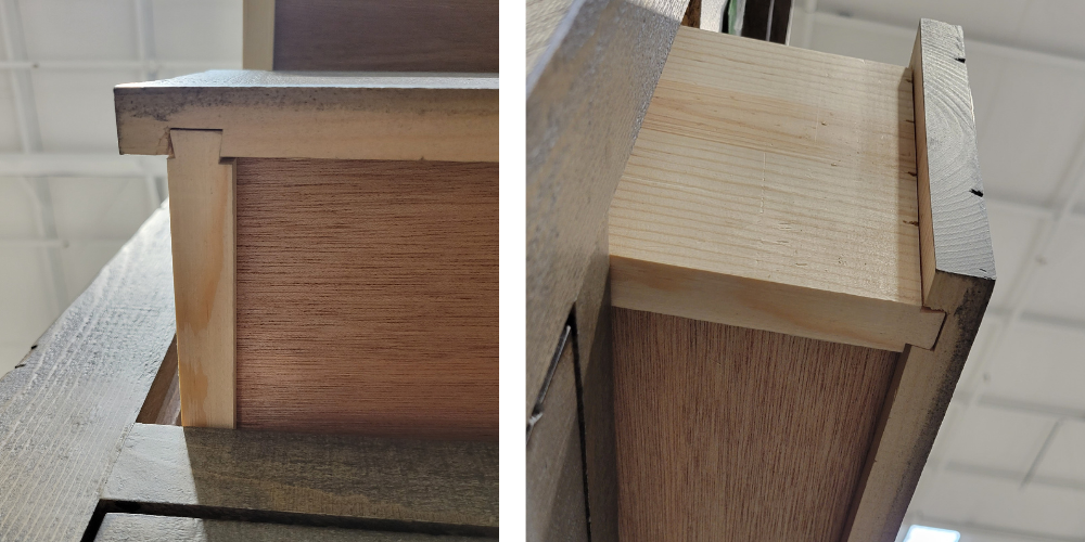 french dovetail joint or sliding dovetail joint on dresser drawer, angle below and side