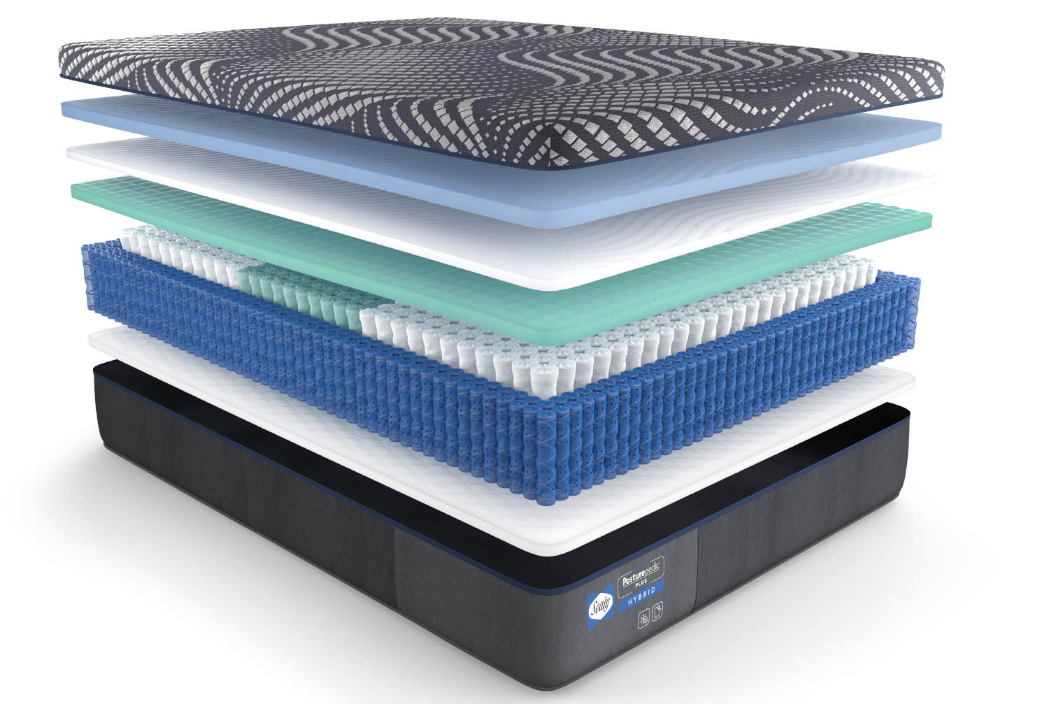 cut-away view of sealy posturepedic plus high point hybrid mattress