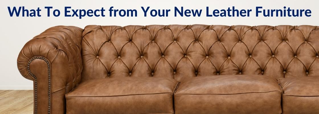 beautiful light brown leather chesterfield sofa with text reading: what to expect from your new leather furniture