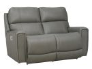 Apollo Blue Grey Leather Power Reclining Loveseat w/Power Headrest