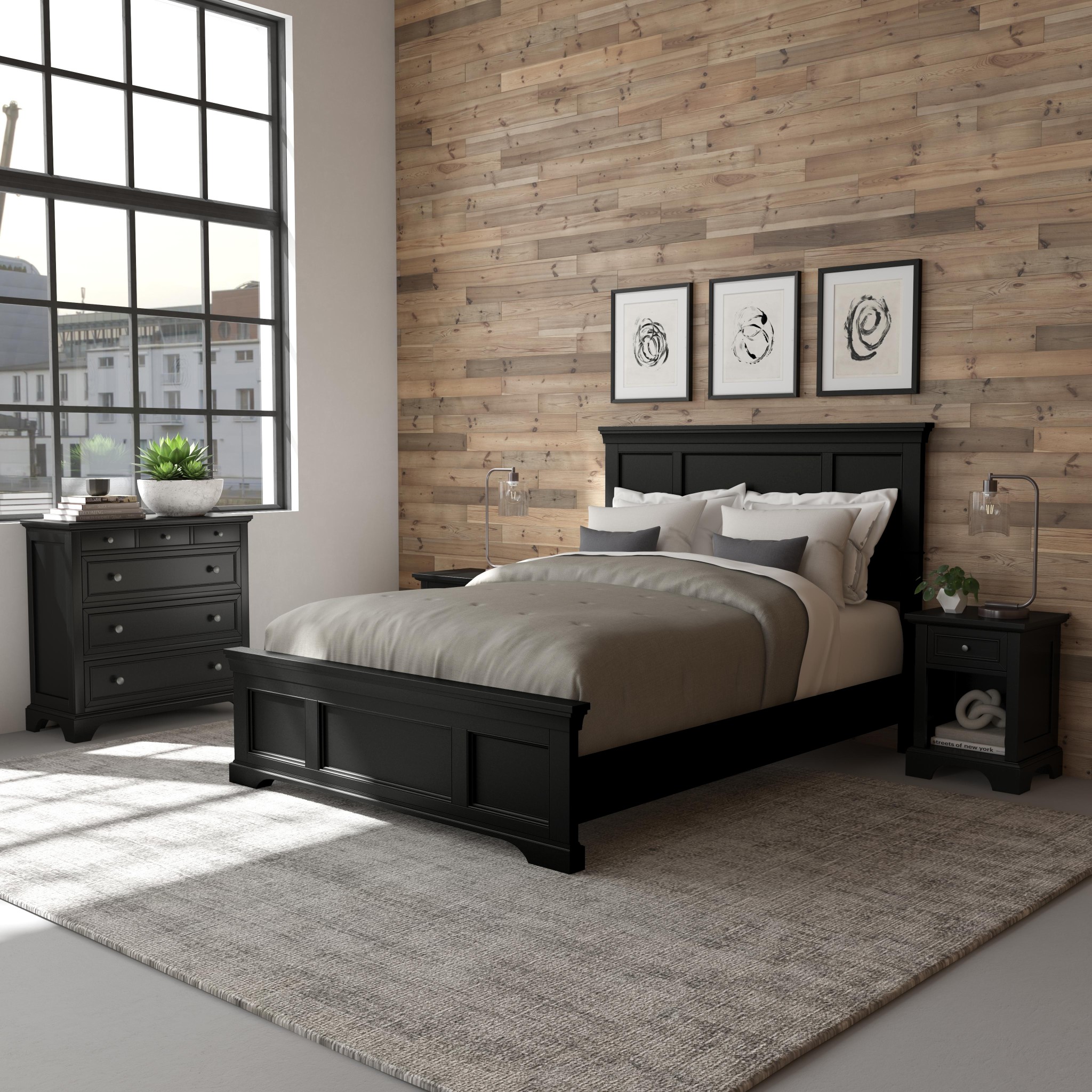 Homestyles Bedford Black Queen Bed, 2 Nightstands and Chest 5531-5016
