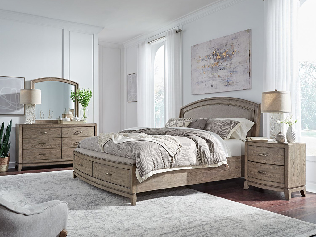 Avalon Burnished Beige Queen Upholstered Storage Bed, Dresser, Mirror &  Nightstand